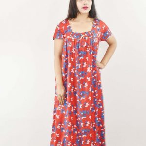 Red Cotton Maxi Nighty Square Neck Short Sleeve With Pipien
