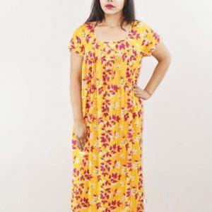 Yellow Cotton Maxi Nighty Square Neck Short Sleeve With Pipien