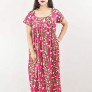 Pink Cotton Maxi Nighty Square Neck Short Sleeve With Pipien