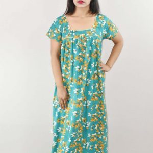 Green Cotton Maxi Nighty Square Neck Short Sleeve With Pipien