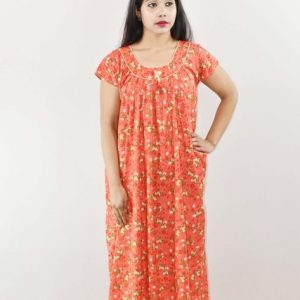 Red Cotton Maxi Nighty Round Neck Short Sleeve With Pipien