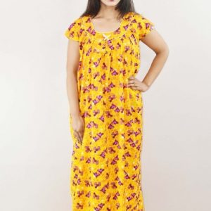Yellow Cotton Maxi Nighty Round Neck Short Sleeve With Pipien