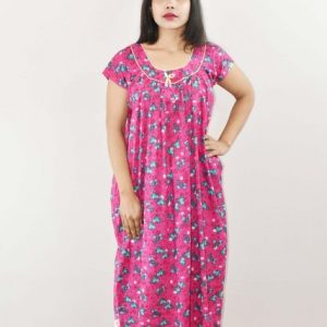 Pink Cotton Maxi Nighty Round Neck Short Sleeve With Pipien