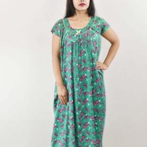 Green Cotton Maxi Nighty Round Neck Short Sleeve With Pipien