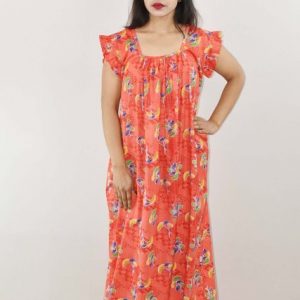 Red Cotton Maxi Nighty Square Neck Short Sleeves with pleats