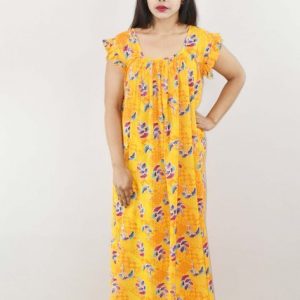 Yellow Cotton Maxi Nighty Square Neck Short Sleeves with pleats