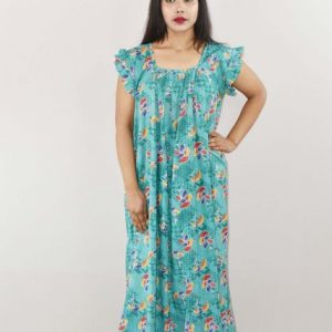 Green Cotton Maxi Nighty Square Neck Short Sleeves with pleats