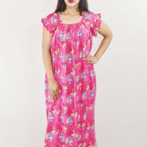 Pink Cotton Maxi Nighty Square Neck Short Sleeves with pleats