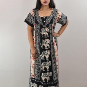 Blue Cotton Maxi Round Neck With Button