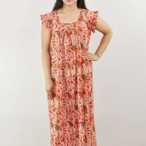 Red Cotton Maxi Nighty Square Neck Short Sleeves with pleats