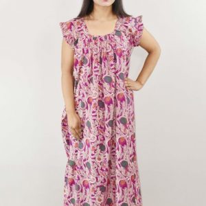 Purple Cotton Maxi Nighty Square Neck Short Sleeves with pleats