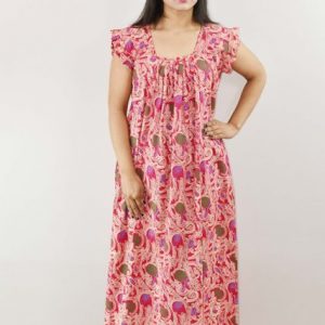 Pink Cotton Maxi Nighty Square Neck Short Sleeves with pleats
