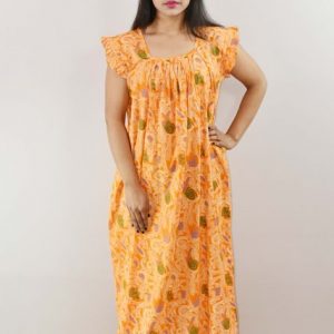 Yellow Cotton Maxi Nighty Square Neck Short Sleeves with pleats