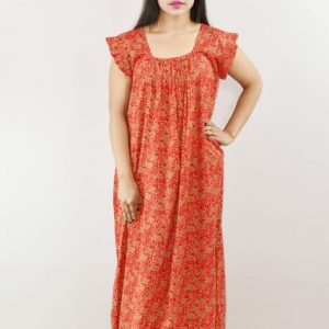 Red Cotton Maxi Nighty Square Neck Short Sleeves with pleats