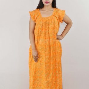 Yellow Cotton Maxi Nighty Square Neck Short Sleeves with pleats