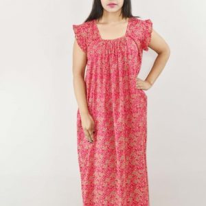 Pink Cotton Maxi Nighty Square Neck Short Sleeves with pleats