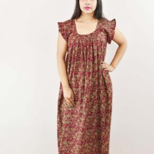 Maroon Cotton Maxi Nighty Square Neck Short Sleeves with pleats