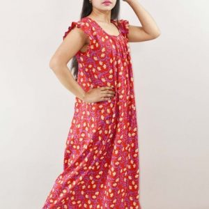 Red Cotton Maxi Nighty Square Neck Short Sleeves with pleats