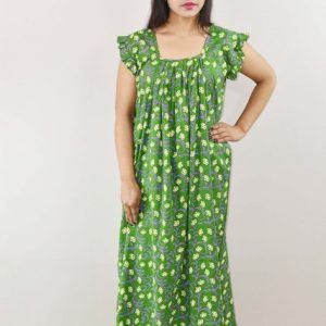 Green Cotton Maxi Nighty Square Neck Short Sleeves with pleats