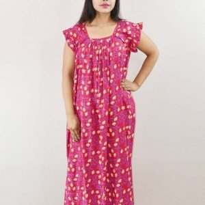 Pink Cotton Maxi Nighty Square Neck Short Sleeves with pleats