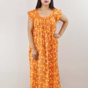 Yellow Cotton Maxi Nighty Square Neck Short Sleeves with pleats