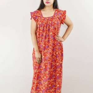 Red Cotton Maxi Nighty Square Neck Short Sleeves with pleats