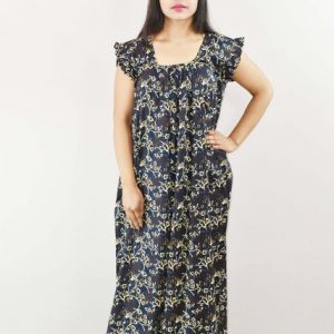 Blue Cotton Maxi Nighty Square Neck Short Sleeves with pleats