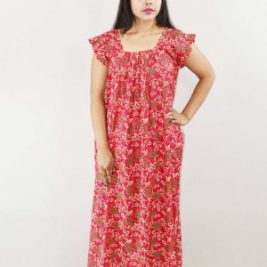 Pink Cotton Maxi Nighty Square Neck Short Sleeves with pleats