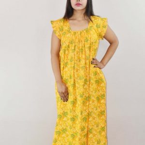 Yellow Cotton Maxi Nighty Square Neck Short Sleeves with pleats