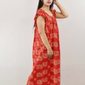 Red Cotton Maxi Nighty Square Neck Short Sleeves with pleats
