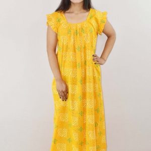 Yellow  Cotton Maxi Nighty Square Neck Short Sleeves with pleats