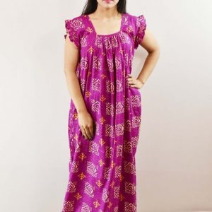 Purple Cotton Maxi Nighty Square Neck Short Sleeves with pleats
