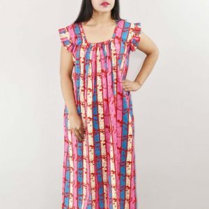 Red Cotton Maxi Nighty Square Neck Short Sleeves with pleats