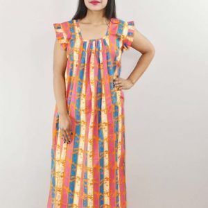 Yellow Cotton Maxi Nighty Square Neck Short Sleeves with pleats