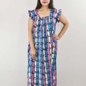 Blue Cotton Maxi Nighty Square Neck Short Sleeves with pleats