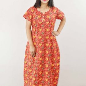 Red Cotton Maxi Nighty Round Neck Pipien Short Sleeve With Button