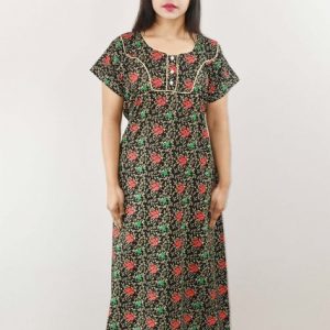 Black Cotton Maxi Nighty Round Neck Pipien Short Sleeve With Button
