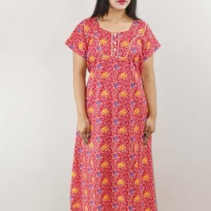 Pink Cotton Maxi Nighty Round Neck Pipien Short Sleeve With Button