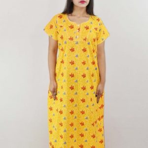 Yellow Cotton Maxi Nighty Round Neck Pipien Short Sleeve With Button