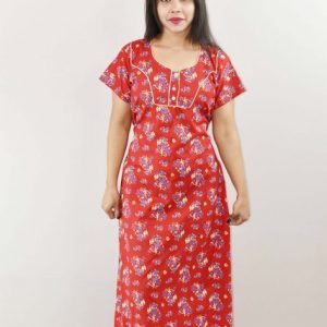 Red Cotton Maxi Nighty Round Neck Pipien Short Sleeve With Button