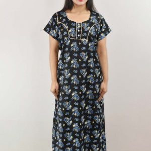 Blue Cotton Maxi Nighty Round Neck Pipien Short Sleeve With Button