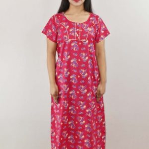 Pink Cotton Maxi Nighty Round Neck Pipien Short Sleeve With Button