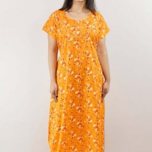 Yellow Cotton Maxi Nighty Round Neck Pipien Short Sleeve With Button