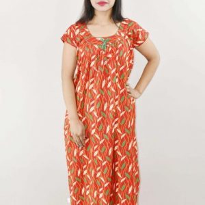 Red Cotton Maxi Nighty Round Neck Short Sleeve With Pipien