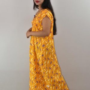 Yellow Cotton Maxi Nighty Round Neck Short Sleeve With Pipien