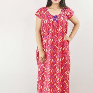 Pink Cotton Maxi Nighty Round Neck Short Sleeve With Pipien