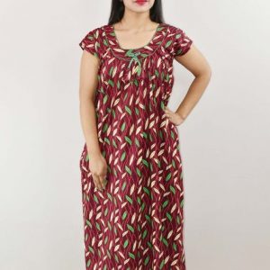 Maroon Cotton Maxi Nighty Round Neck Short Sleeve With Pipien