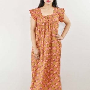 Red Cotton Maxi Nighty Square Neck Short Sleeves with pleats