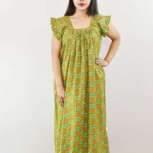 Green Cotton Maxi Nighty Square Neck Short Sleeves with pleats