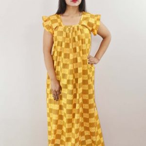 Yellow Cotton Maxi Nighty Square Neck Short Sleeves with pleats